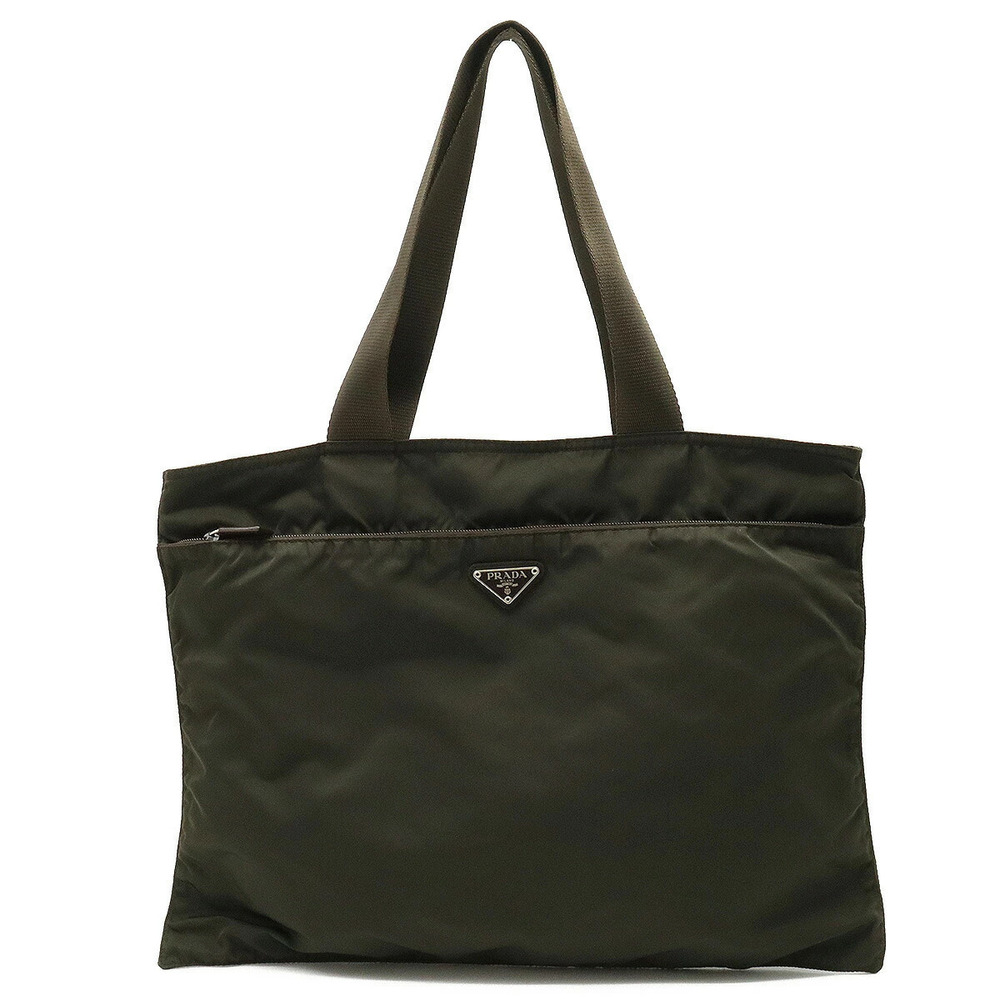 Prada Tote Tessuto Saffiano Bag Shoulder Gusset Leather Khaki Green